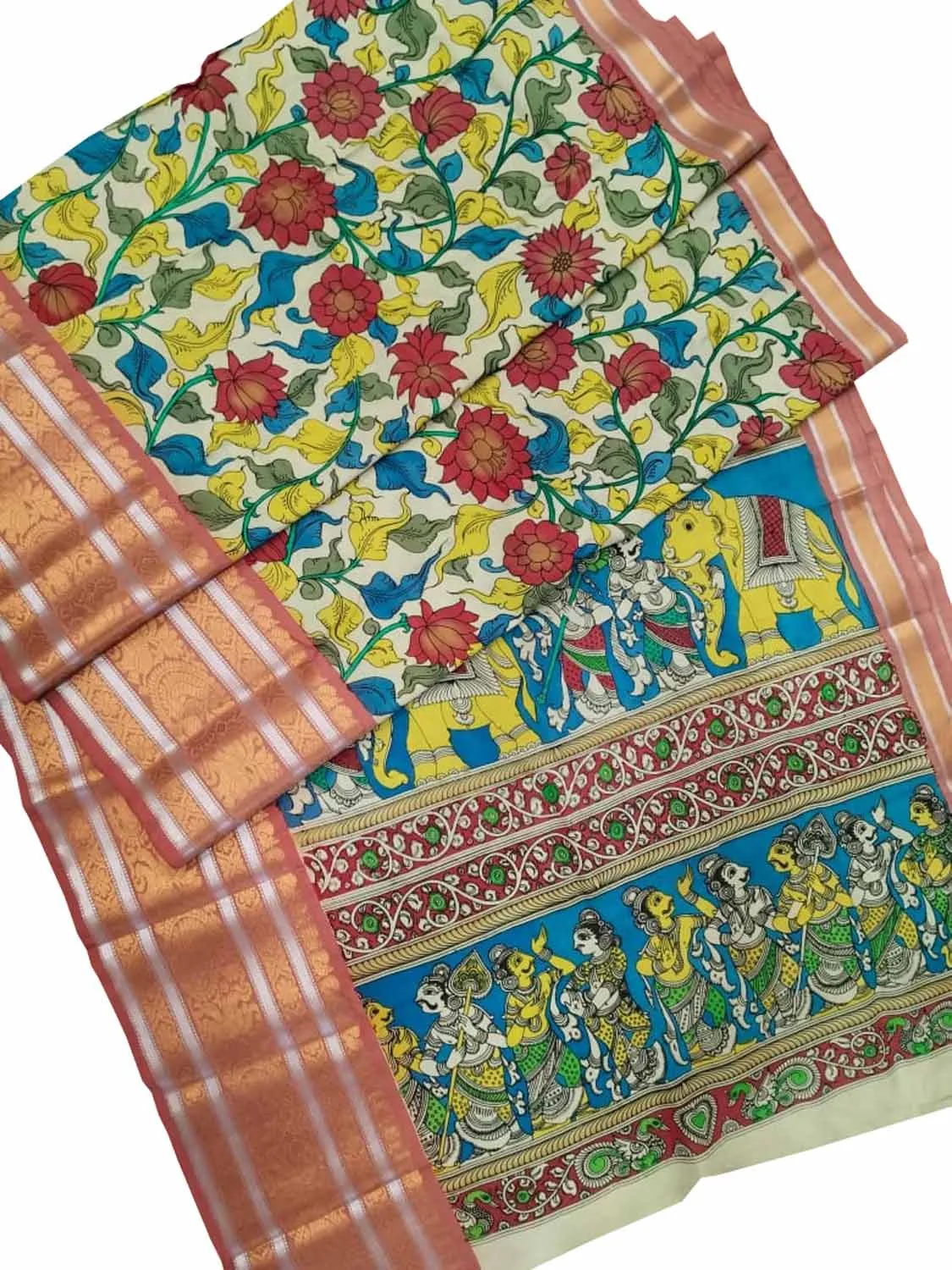 Off White Kalamkari Hand Painted Silk Saree