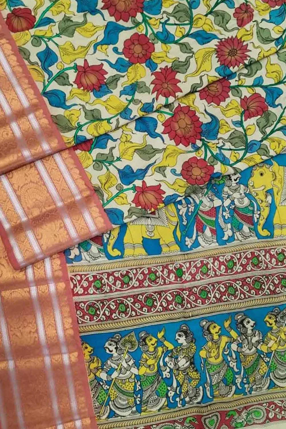 Off White Kalamkari Hand Painted Silk Saree