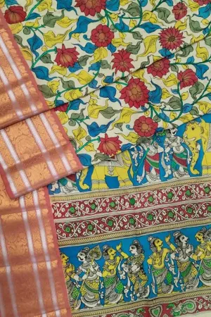 Off White Kalamkari Hand Painted Silk Saree