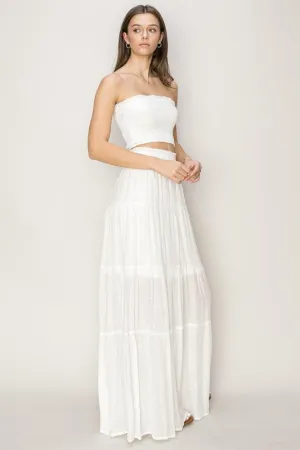Off White Tube Top And Tiered Maxi Skirt Set