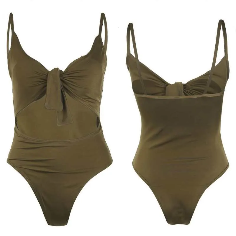 One-piece Cut Out Swimsuit Solid Color