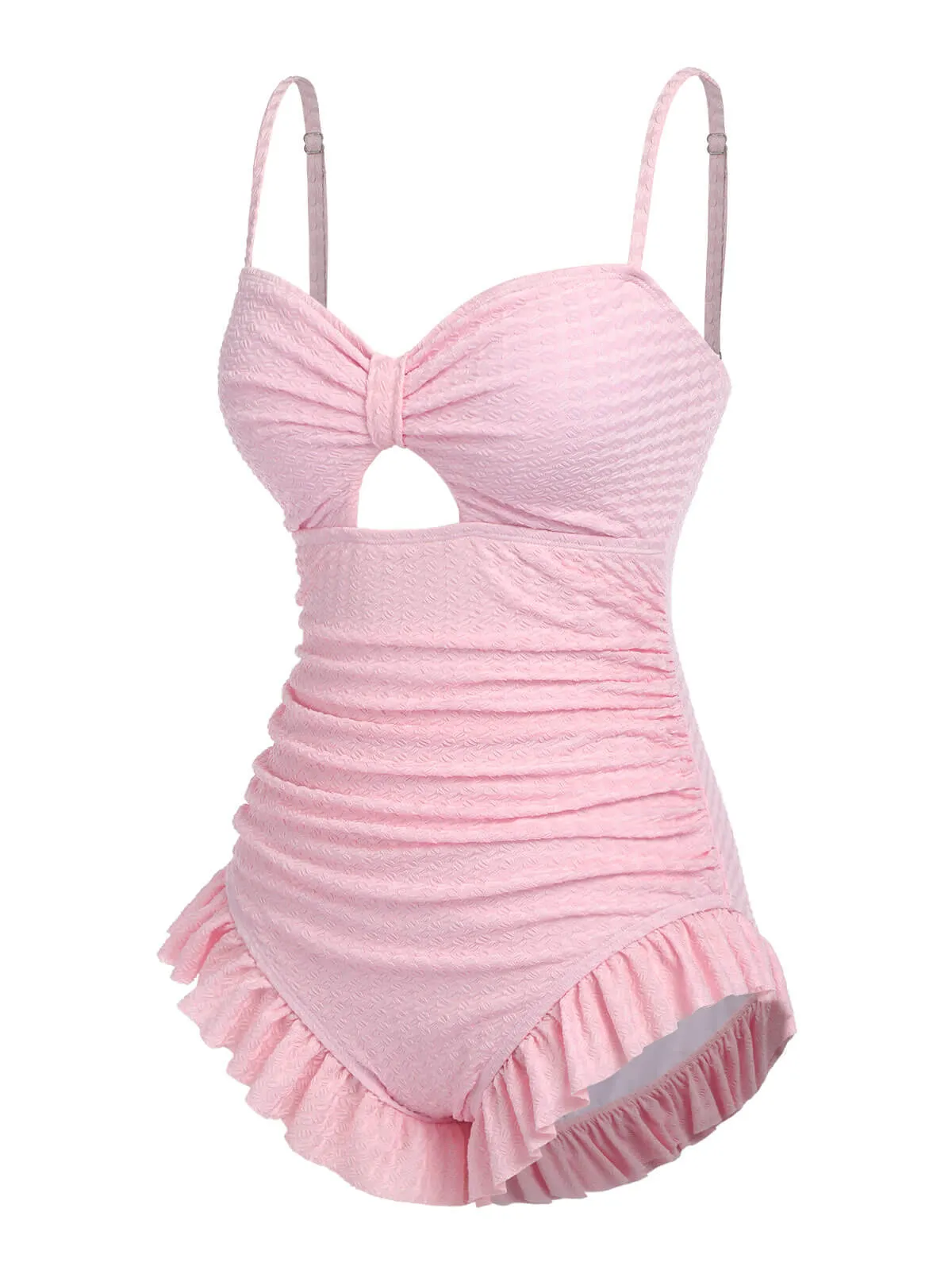 Pale Pink 1950s Solid Ruched Swimsuit