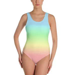 Pastel Rainbow One Piece Swimsuit Women, Tie Dye Ombre Gradient Kawaii Cute Swimming Bathing Suit Colorful Swimwear Female Swim