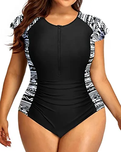 Plus Size One Piece Tummy Control Cap Sleeves Zipper Rash Guard for Women