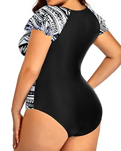Plus Size One Piece Tummy Control Cap Sleeves Zipper Rash Guard for Women