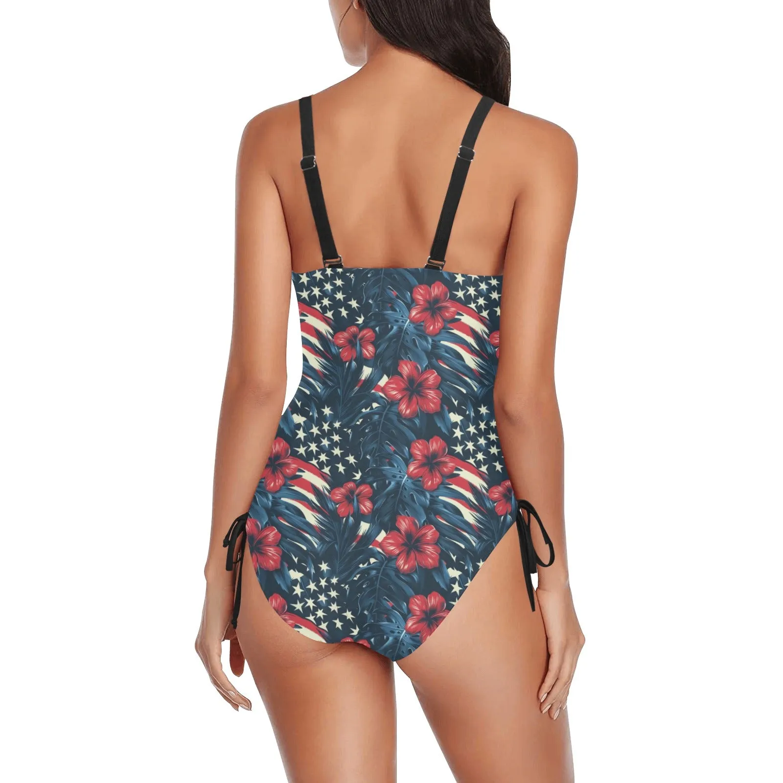 Red White Blue Hibiscus One Piece Swimsuit for Women, American USA Stars Beach Hawaiian Cute Designer Swim Swimming Bathing Suits Swimwear