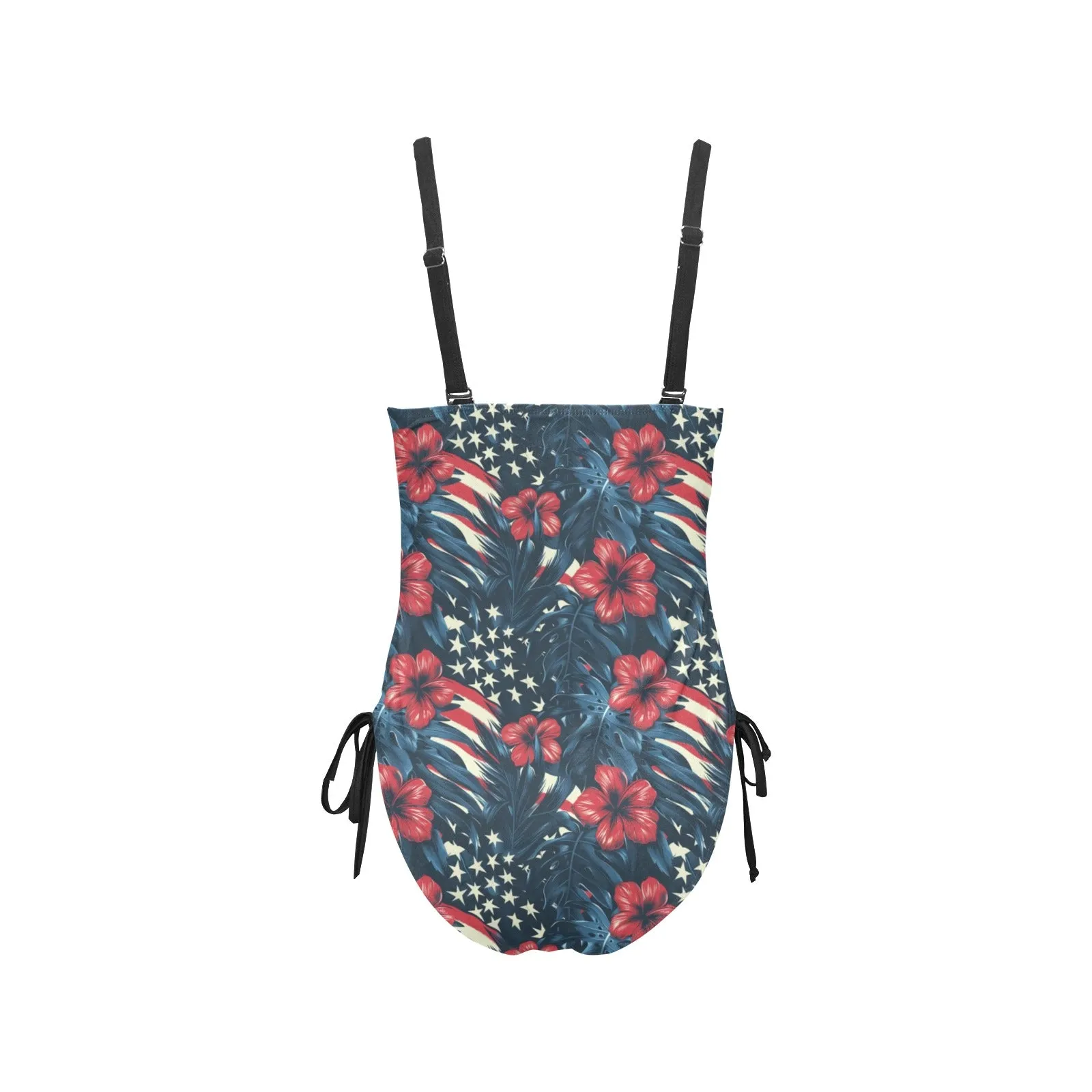 Red White Blue Hibiscus One Piece Swimsuit for Women, American USA Stars Beach Hawaiian Cute Designer Swim Swimming Bathing Suits Swimwear