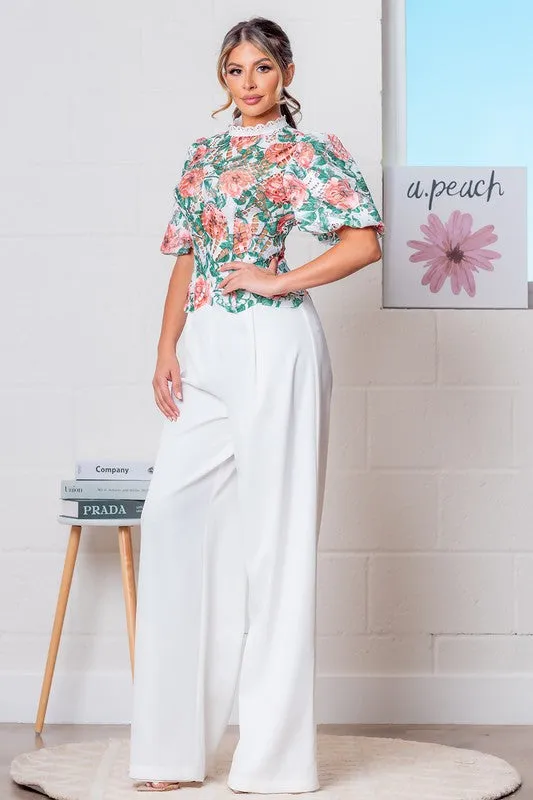 Red/White Mock Neck Floral Eyelet Lace Top w/ Pants Set