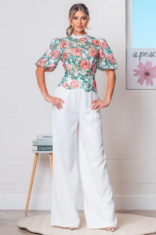 Red/White Mock Neck Floral Eyelet Lace Top w/ Pants Set