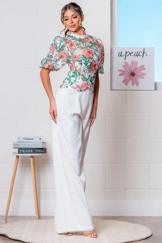 Red/White Mock Neck Floral Eyelet Lace Top w/ Pants Set
