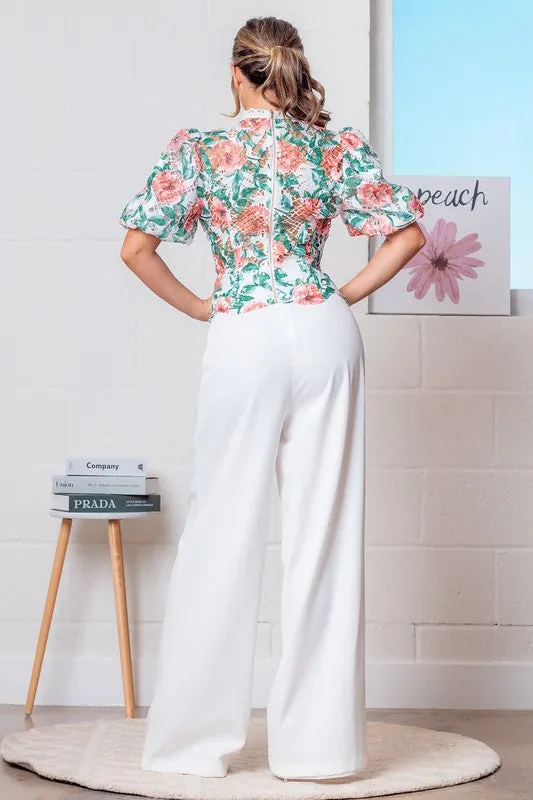 Red/White Mock Neck Floral Eyelet Lace Top w/ Pants Set