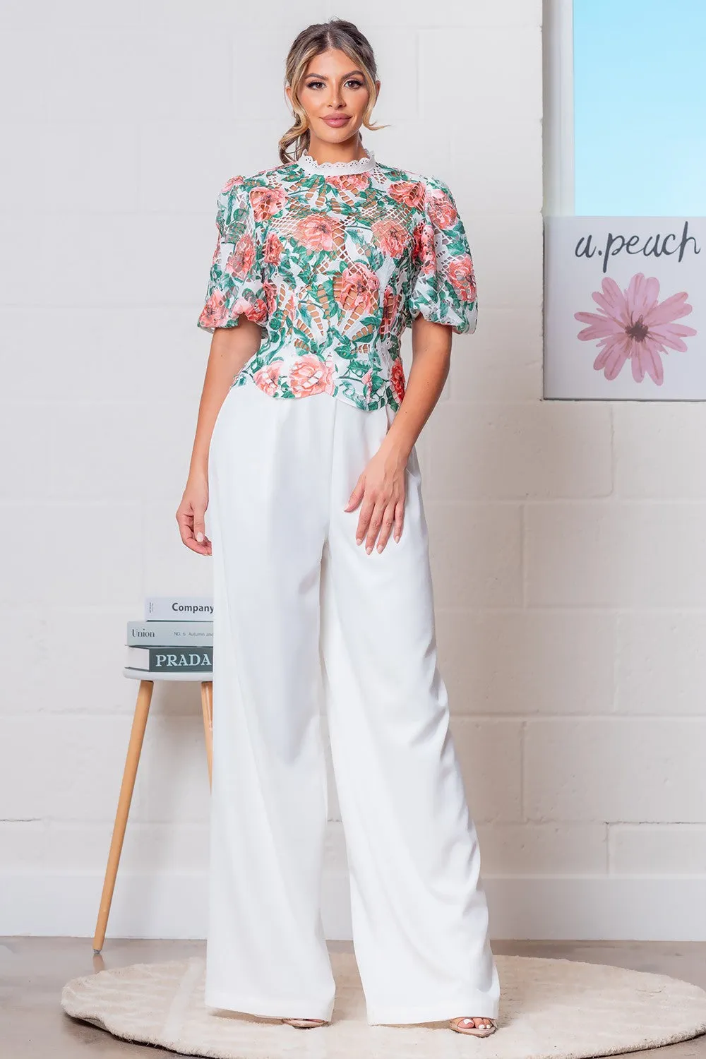 Red/White Mock Neck Floral Eyelet Lace Top w/ Pants Set