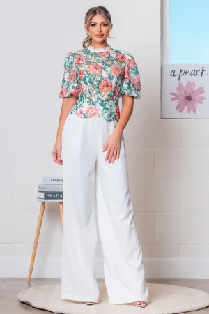 Red/White Mock Neck Floral Eyelet Lace Top w/ Pants Set