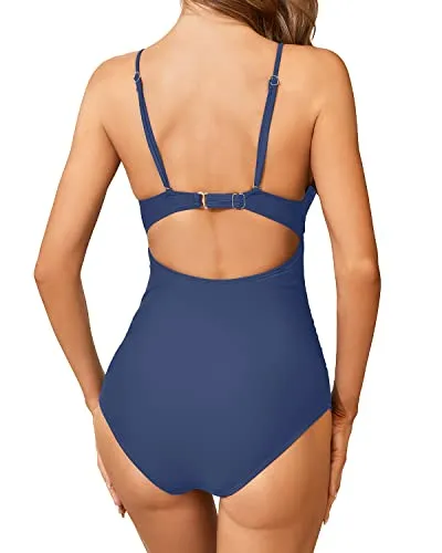 Ruched Women Tummy Control One Piece Swimsuit V Neck Swimwear-Blue