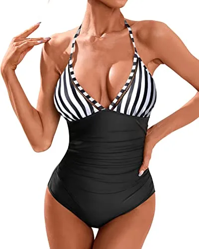 Sexy Deep V Neck Push Up One Piece Swimsuit For Women-Black And White Stripe