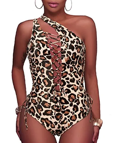 Sexy Deep V Neck Thong One Piece Bathing Suit-Leopard