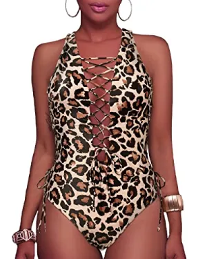 Sexy Deep V Neck Thong One Piece Bathing Suit-Leopard