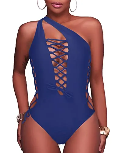 Sexy High Cut Cross Back Lace Up Monokini-Light Grey Blue