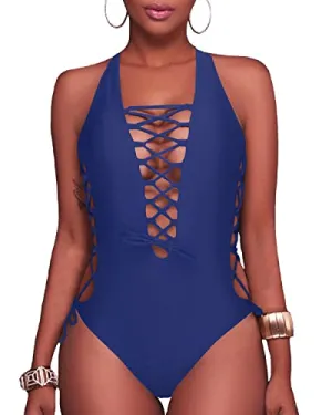Sexy High Cut Cross Back Lace Up Monokini-Light Grey Blue