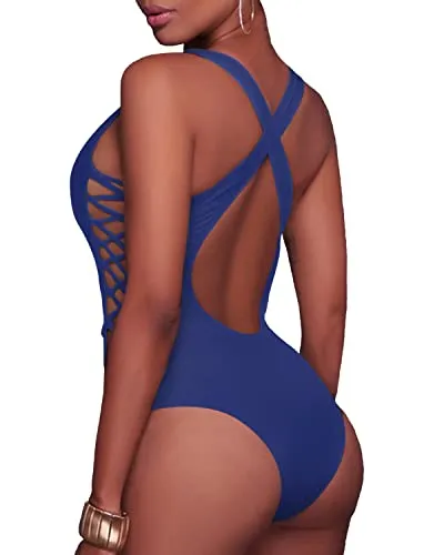 Sexy High Cut Cross Back Lace Up Monokini-Light Grey Blue