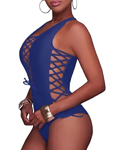 Sexy High Cut Cross Back Lace Up Monokini-Light Grey Blue
