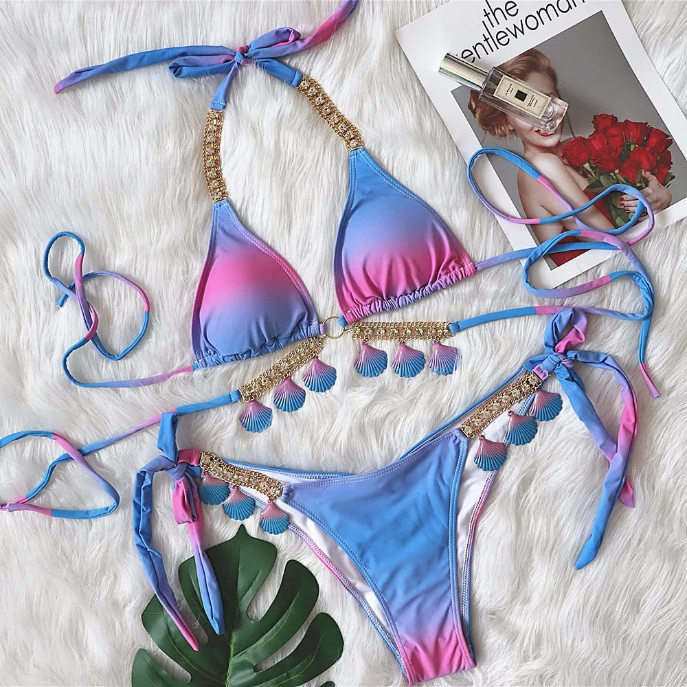 Sexy Strappy Gradient Print Women's Two-piece Swimsuit