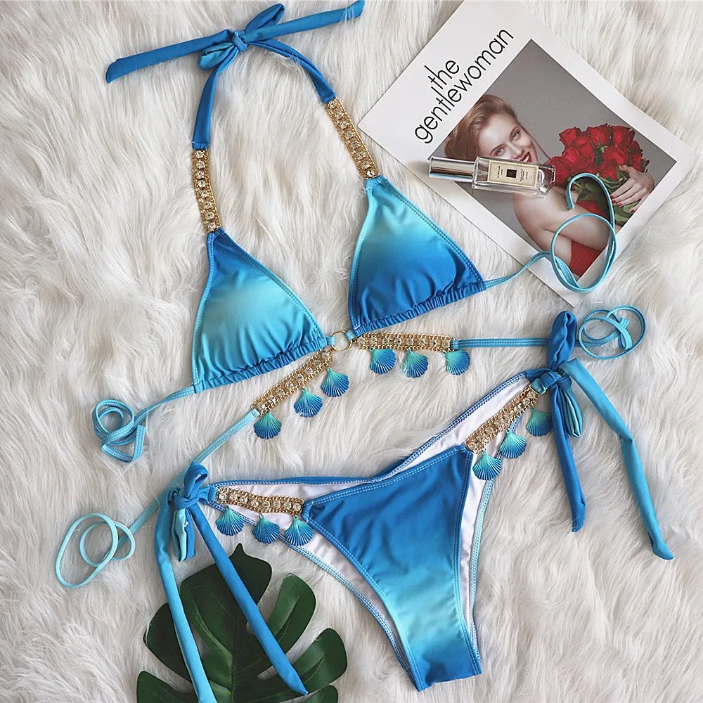 Sexy Strappy Gradient Print Women's Two-piece Swimsuit