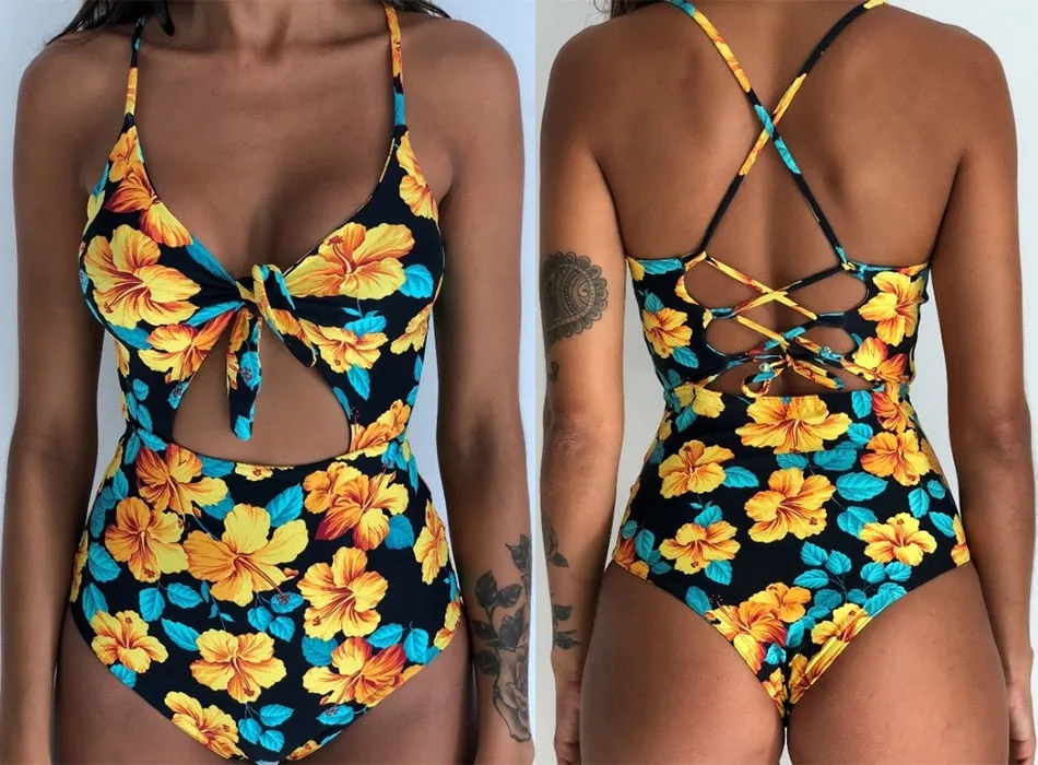 Sexy Women's Bandage Open Back Crochet Print Swimwear