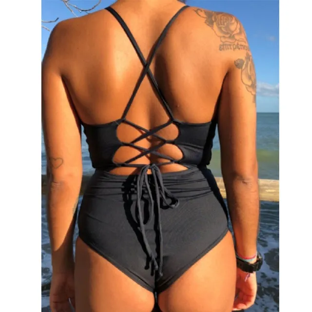 Sexy Women's Bandage Open Back Crochet Print Swimwear