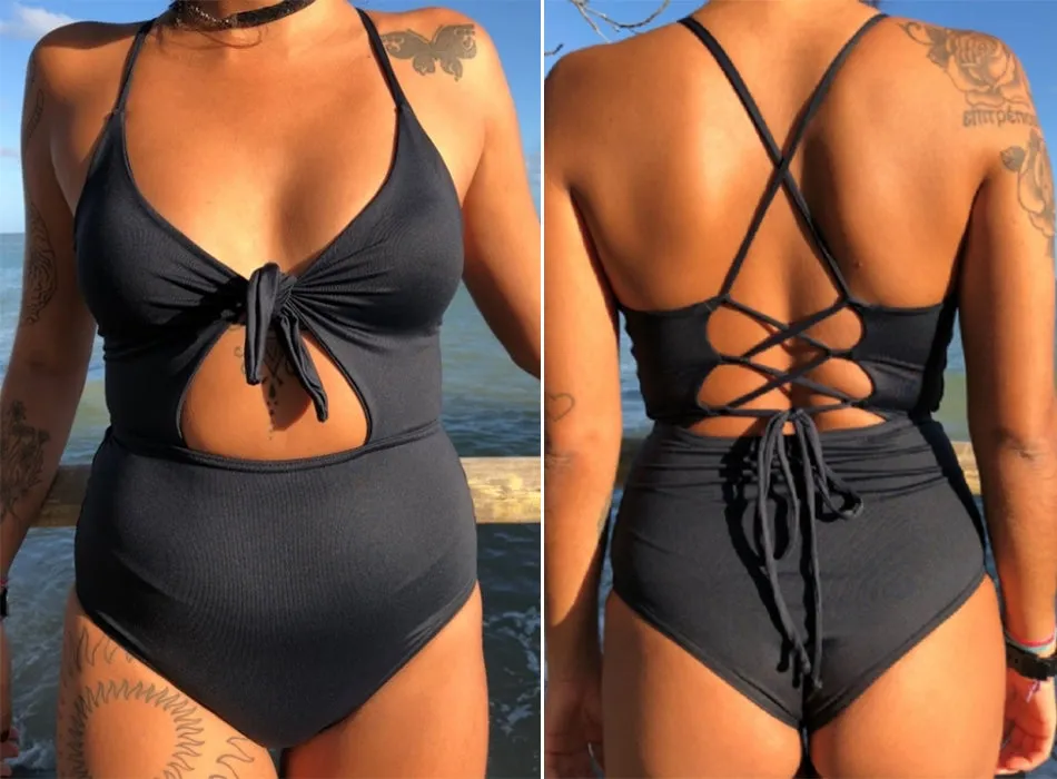 Sexy Women's Bandage Open Back Crochet Print Swimwear