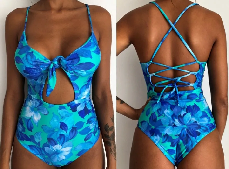 Sexy Women's Bandage Open Back Crochet Print Swimwear