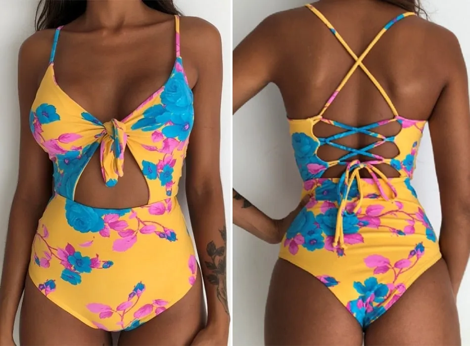 Sexy Women's Bandage Open Back Crochet Print Swimwear