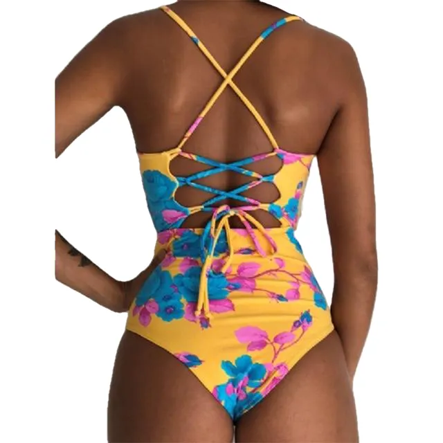 Sexy Women's Bandage Open Back Crochet Print Swimwear