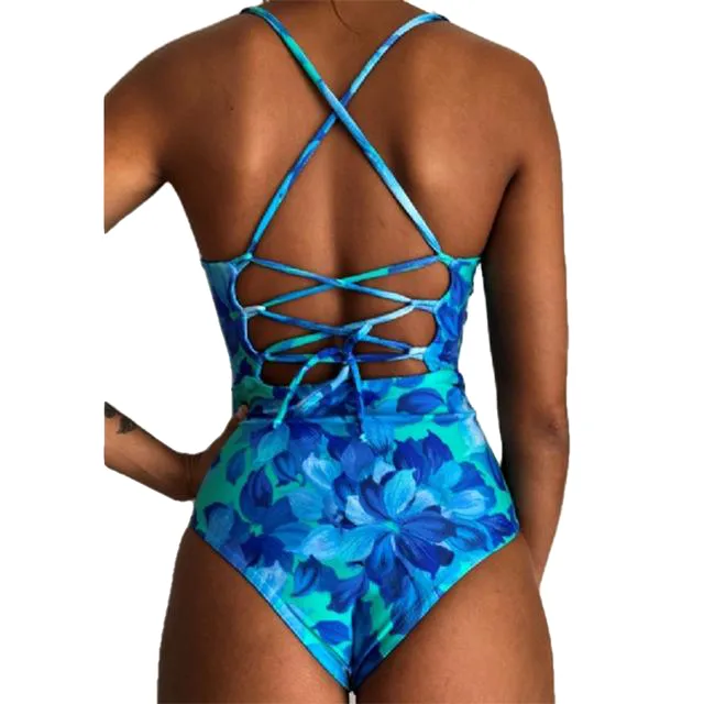 Sexy Women's Bandage Open Back Crochet Print Swimwear