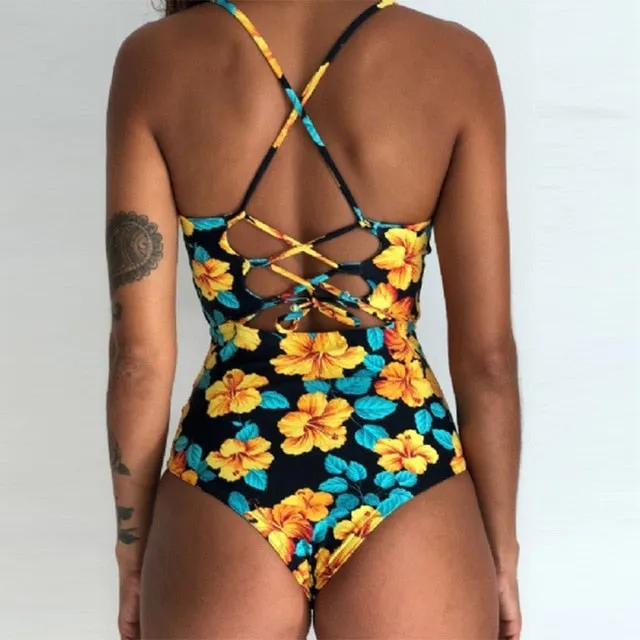 Sexy Women's Bandage Open Back Crochet Print Swimwear