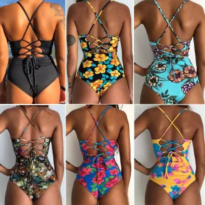Sexy Women's Bandage Open Back Crochet Print Swimwear