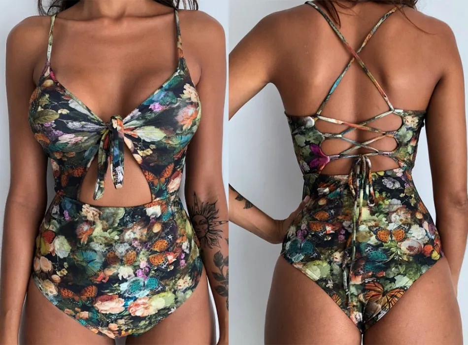 Sexy Women's Bandage Open Back Crochet Print Swimwear