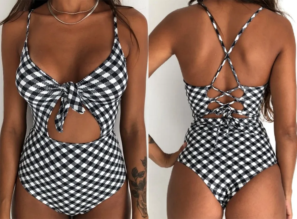 Sexy Women's Bandage Open Back Crochet Print Swimwear