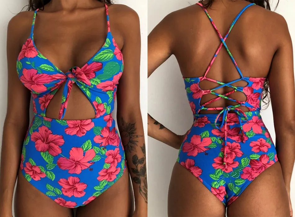 Sexy Women's Bandage Open Back Crochet Print Swimwear