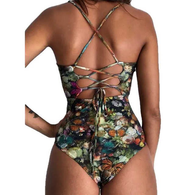Sexy Women's Bandage Open Back Crochet Print Swimwear