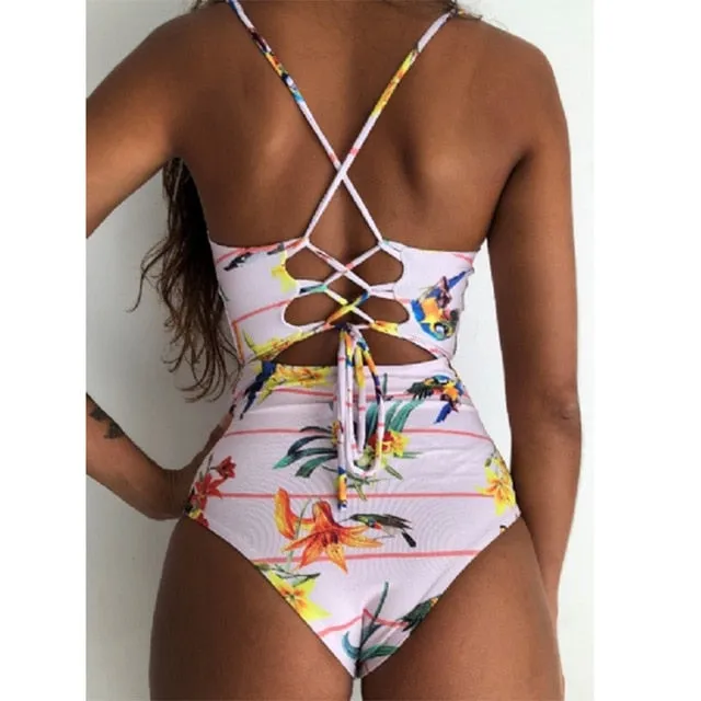 Sexy Women's Bandage Open Back Crochet Print Swimwear