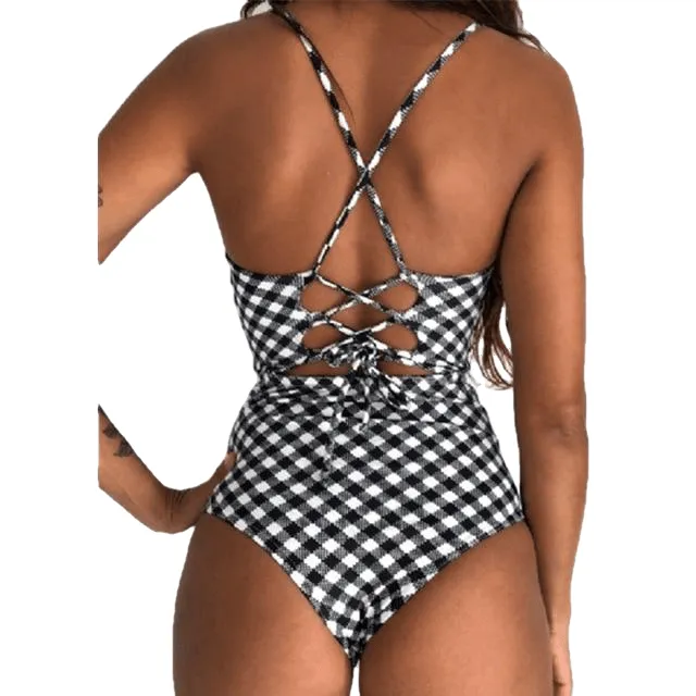 Sexy Women's Bandage Open Back Crochet Print Swimwear
