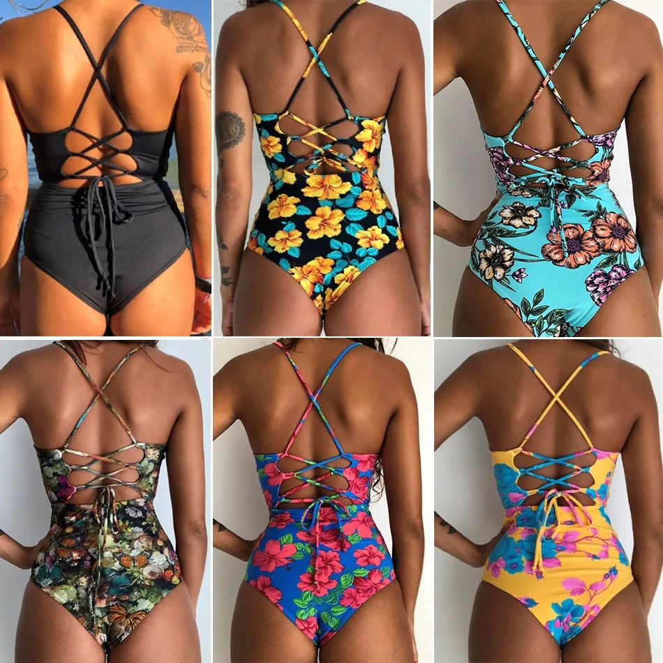 Sexy Women's Bandage Open Back Crochet Print Swimwear