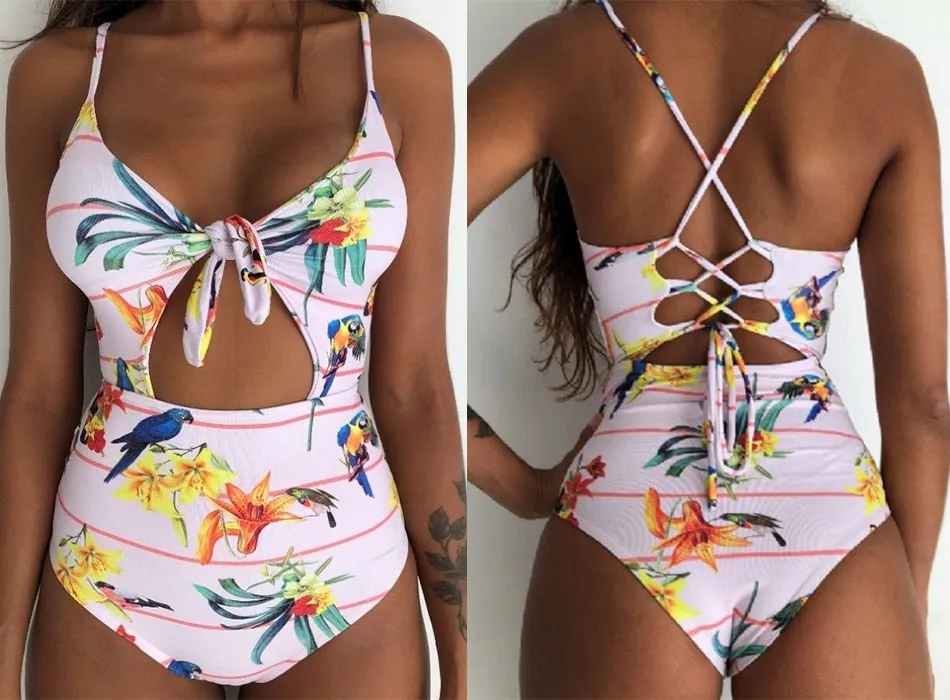 Sexy Women's Bandage Open Back Crochet Print Swimwear