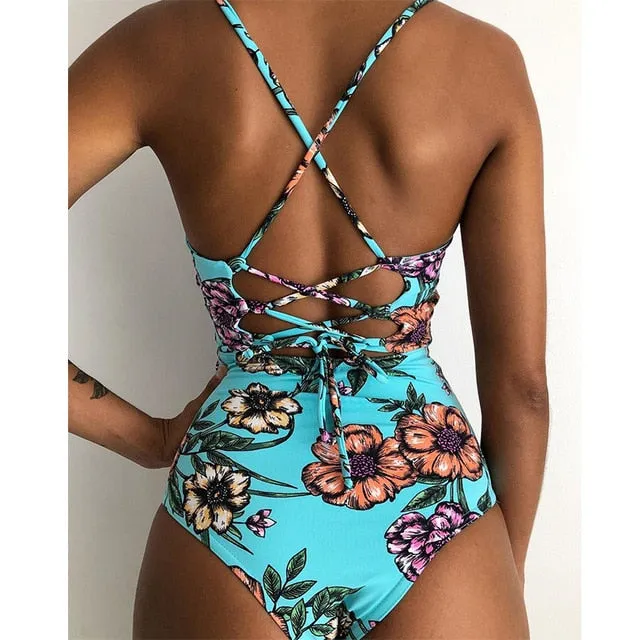 Sexy Women's Bandage Open Back Crochet Print Swimwear