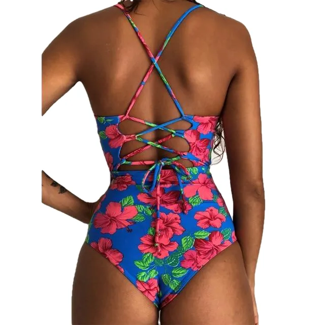 Sexy Women's Bandage Open Back Crochet Print Swimwear