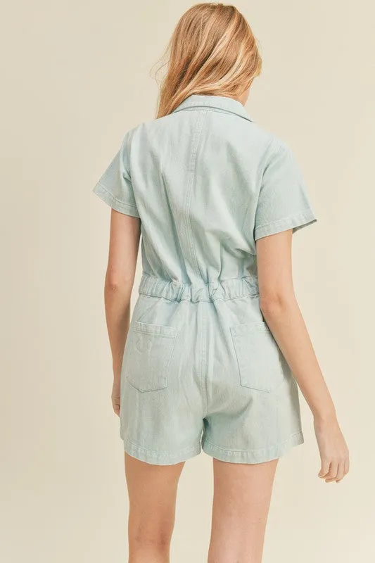 Sky Blue Washed Denim Utility Romper