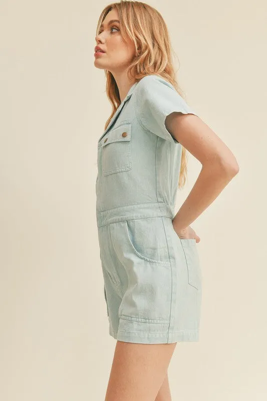 Sky Blue Washed Denim Utility Romper