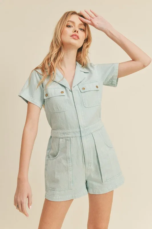 Sky Blue Washed Denim Utility Romper