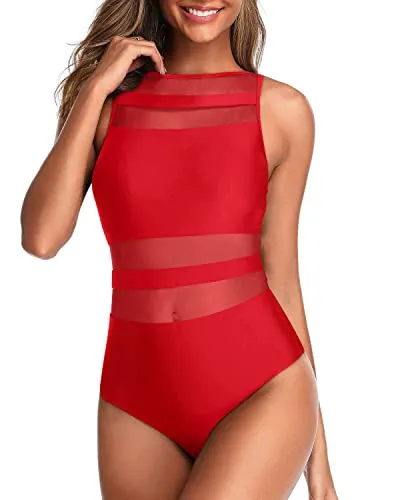Slimming Women's High Neck One Piece Swimsuits Open Back Swimwear-Red